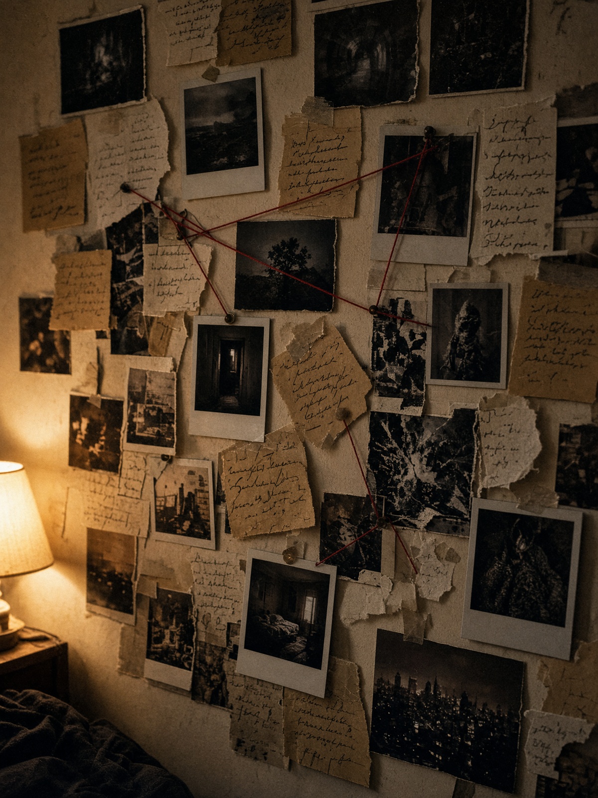 A bedroom wall of photographs, flyers, and handwritten notes.