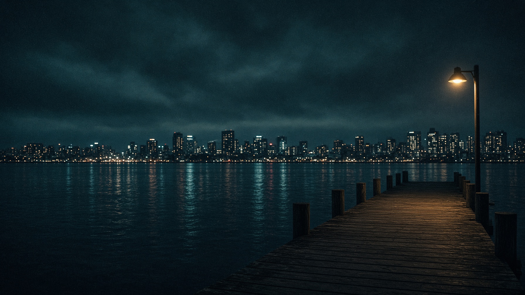 An empty night pier over black water.